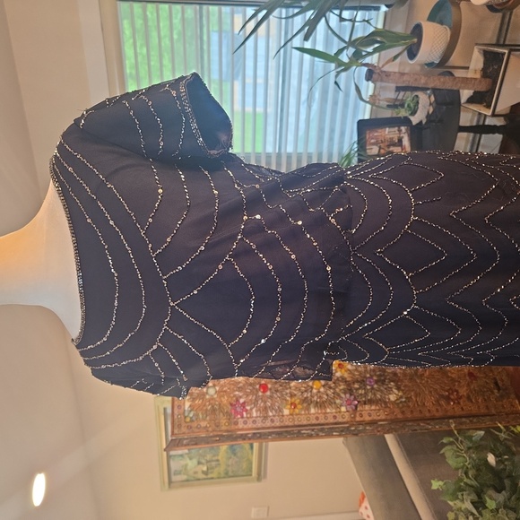 Adrianna Papell Blouson Short Sleeve Embellished Beaded Maxi Gown Navy Size 4 - Picture 6 of 14